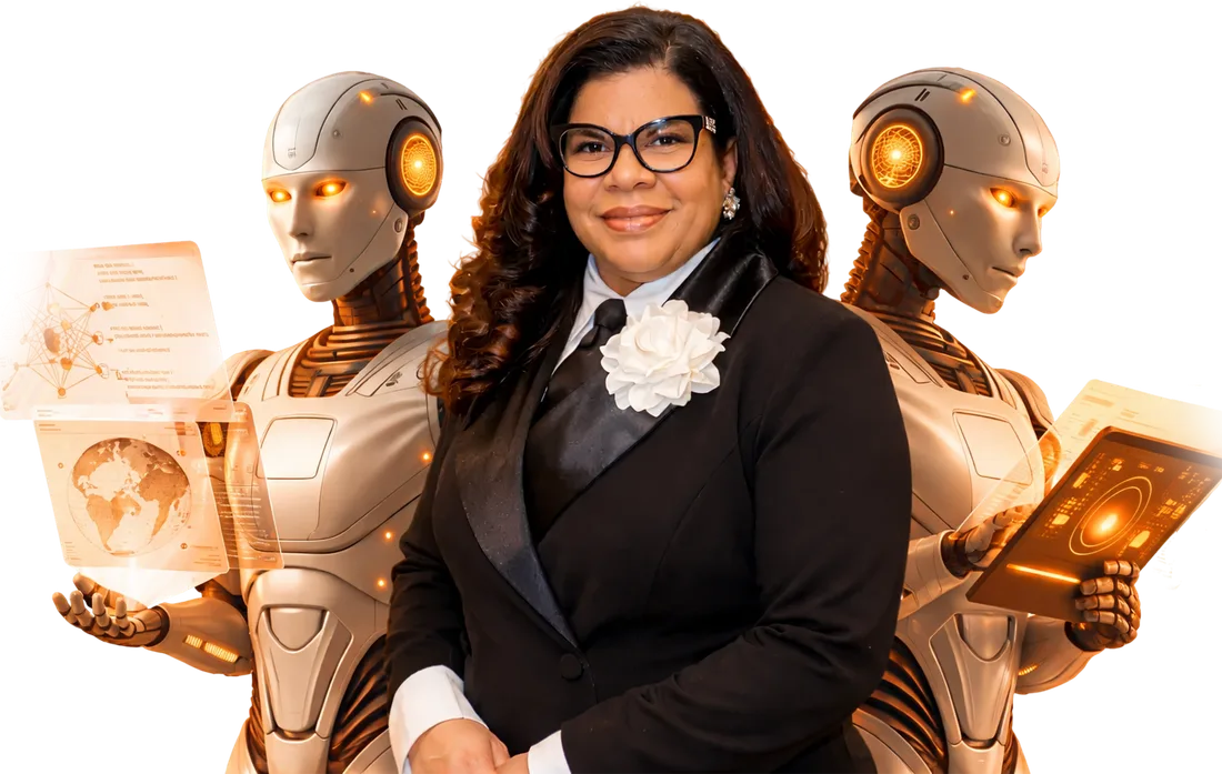 Alicia Lyttle, creator of The AI Agents Course, standing with AI agent robots