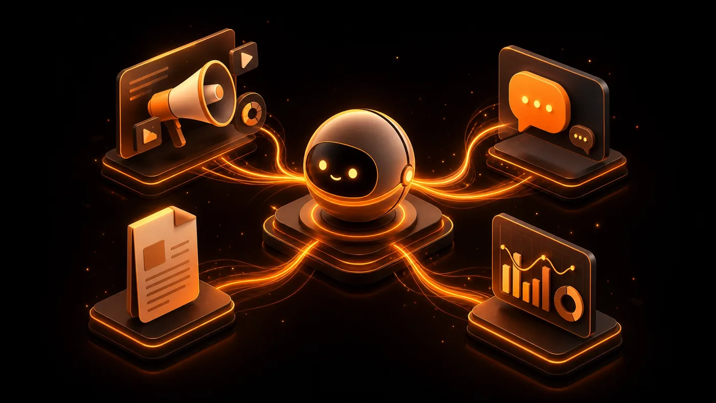 A central AI hub connected by orange light to marketing, customer chat, documents and analytics, showing what AI can do across a business