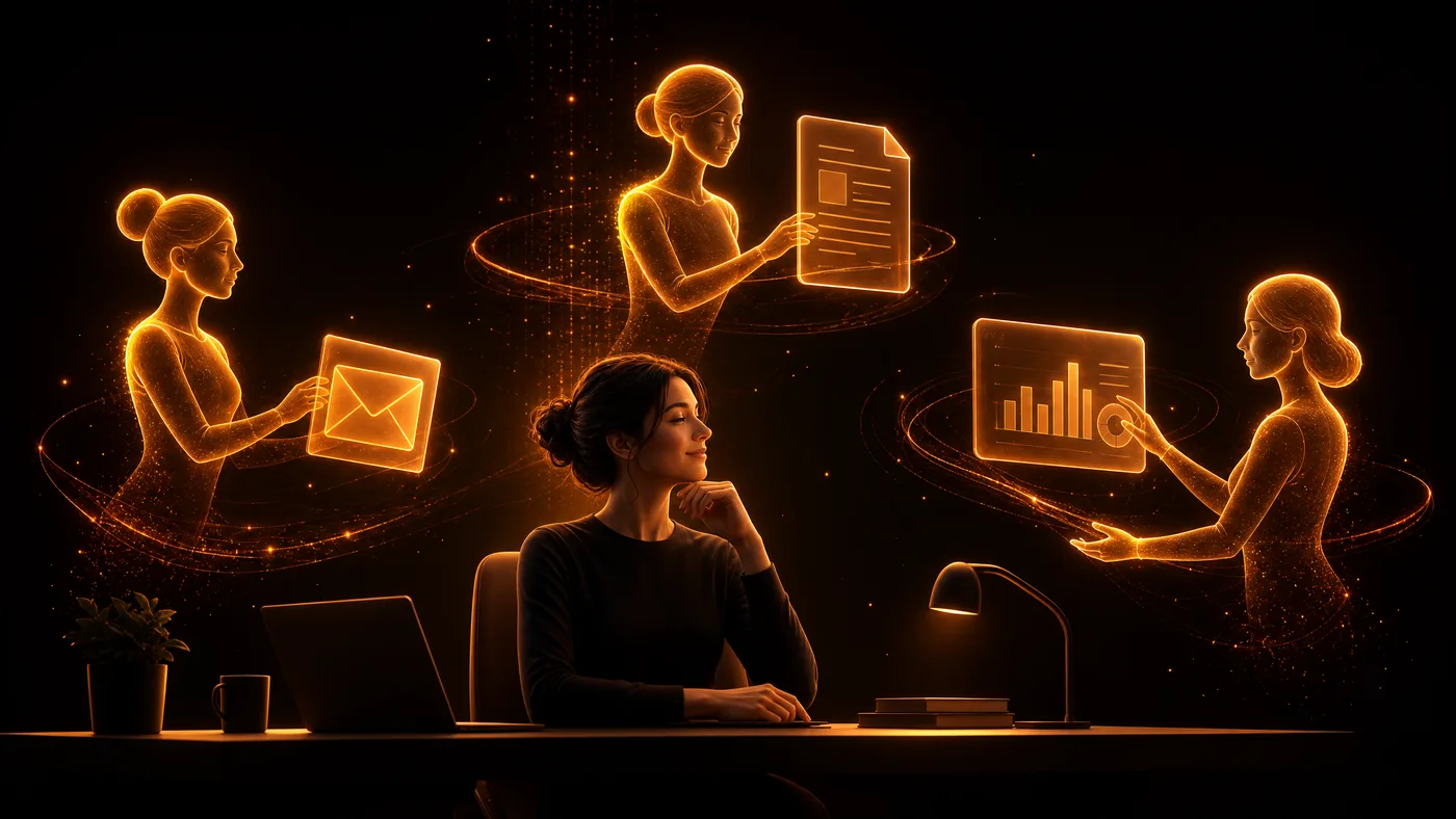 A professional calmly delegating tasks to glowing AI agents that handle email, documents and reports, showing the 2026 shift to AI doing the work