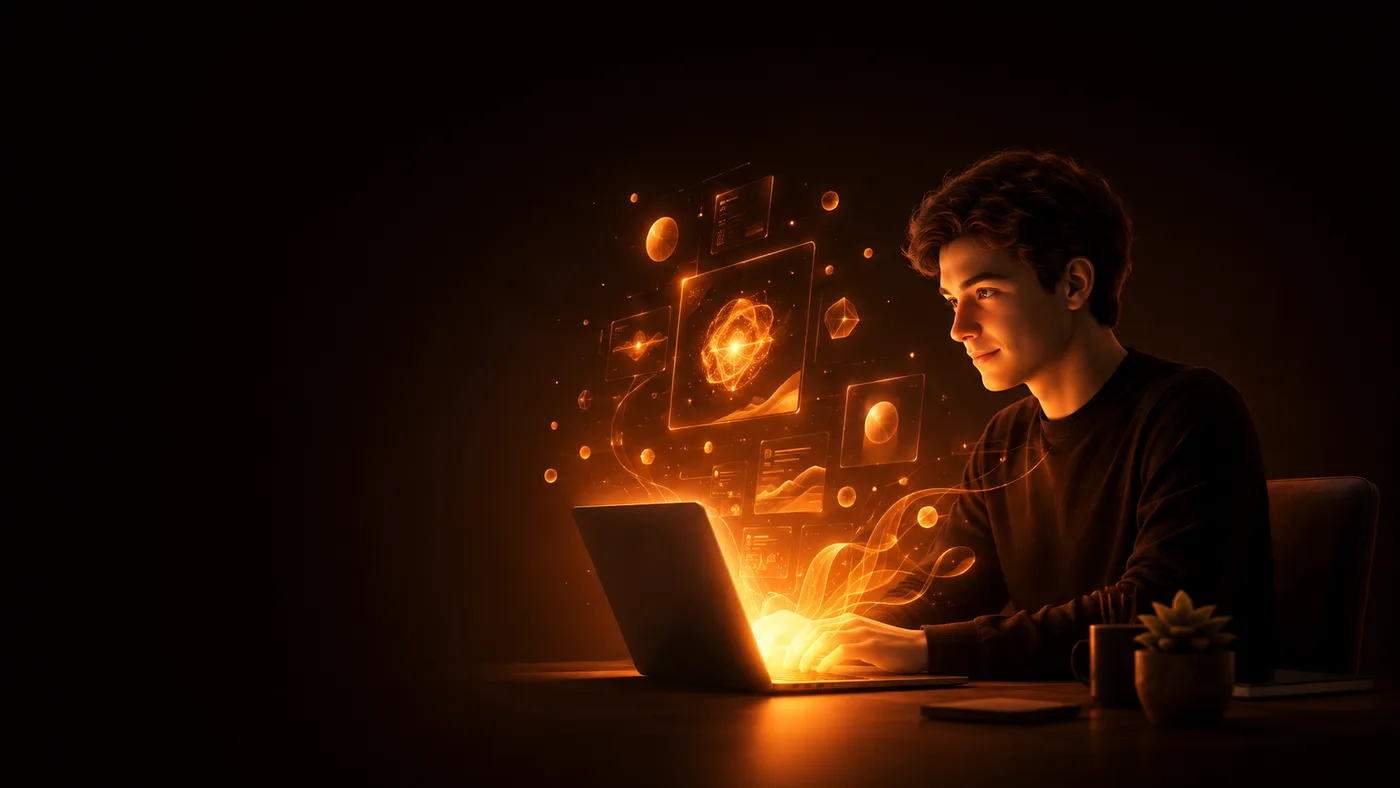 A beginner entrepreneur starting an AI business at a laptop, surrounded by glowing orange AI interface shapes