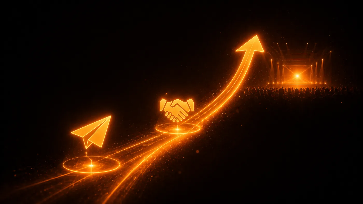 A glowing orange upward arrow with a message sent moment and a subtle live event stage glow, suggesting momentum from a first client toward a bigger event