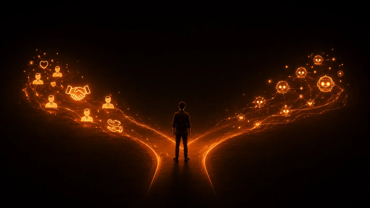 Two glowing paths on a dark surface, one made of service and handshake icons and one made of connected AI agent nodes, with a person deciding at the fork