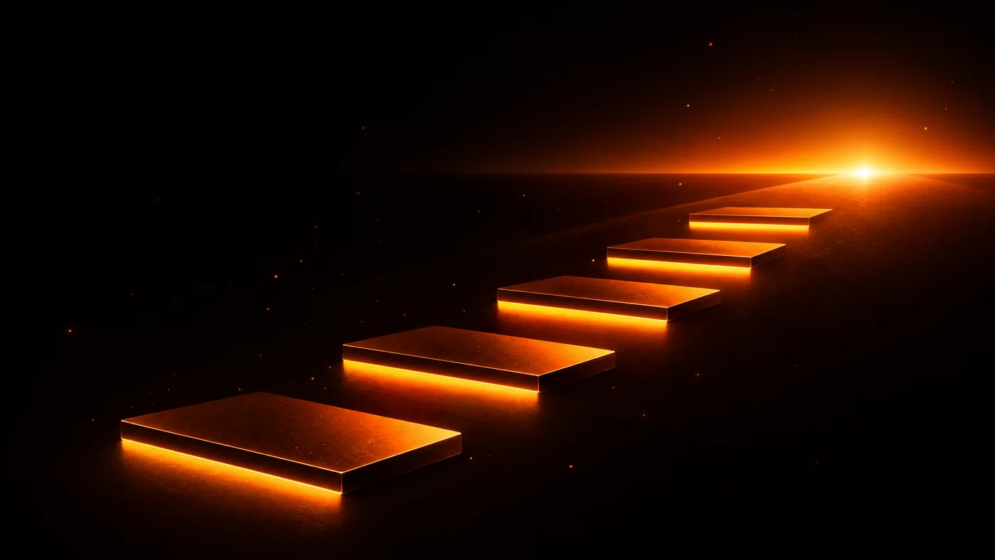 Five glowing steps rising toward a bright horizon, representing the step by step path to learning AI as a beginner
